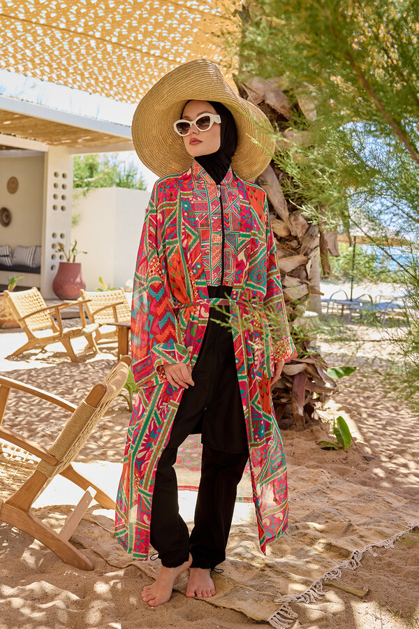 Remsa Tesettür Mayo Üzerine Tek Kaftan Kimono Pareo Pembe RP031 Arzu - Thumbnail