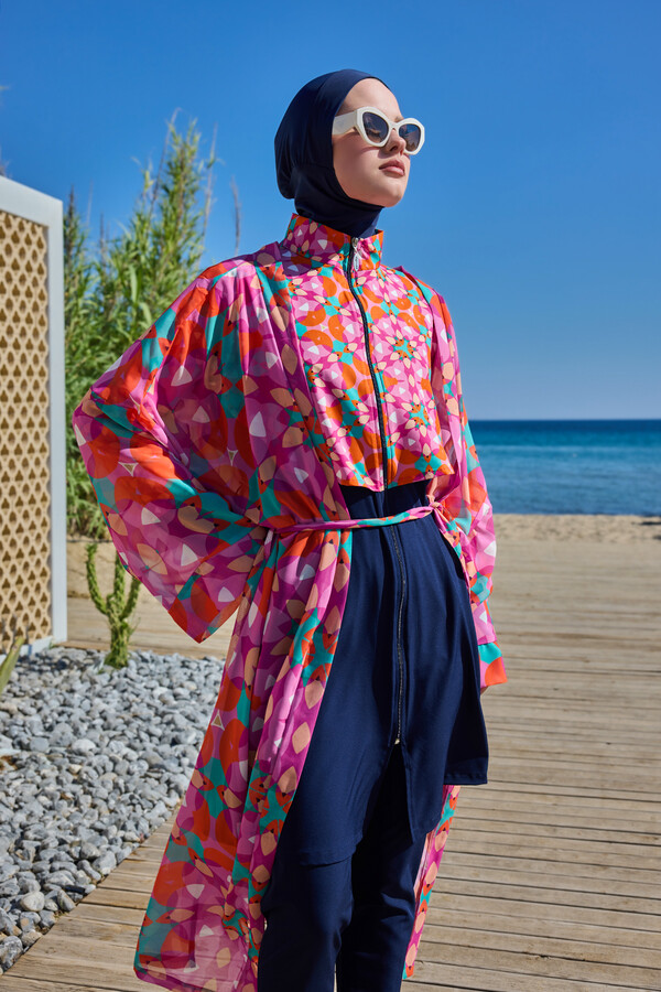 Remsa Tesettür Mayo Üzerine Tek Kaftan Kimono Pareo Pembe03 RP024 Renkpare - Thumbnail