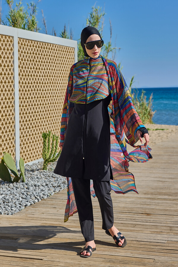 Remsa Tesettür Mayo Üzerine Tek Kaftan Kimono Pareo Siyah03 RP022 Puket - Thumbnail
