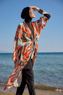 Remsa Mayo - Remsa Tesettür Mayo Üzerine Tek Kaftan Kimono Pareo Turuncu RP027 Lotus