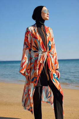 Remsa Mayo - Remsa Tesettür Mayo Üzerine Tek Kaftan Kimono Pareo Turuncu RP027 Lotus (1)