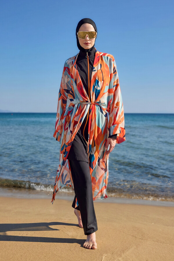 Remsa Tesettür Mayo Üzerine Tek Kaftan Kimono Pareo Turuncu RP027 Lotus - Thumbnail
