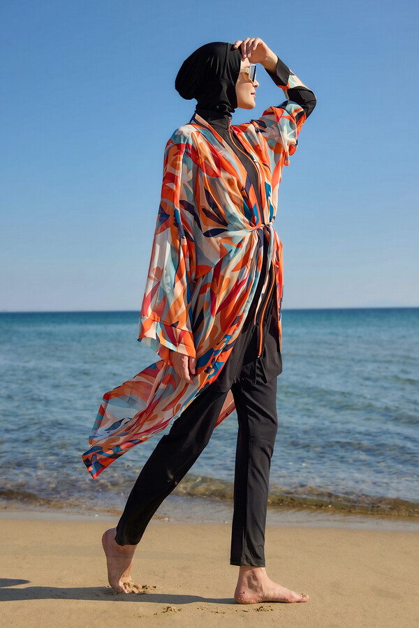 Remsa Tesettür Mayo Üzerine Tek Kaftan Kimono Pareo Turuncu RP027 Lotus - Thumbnail