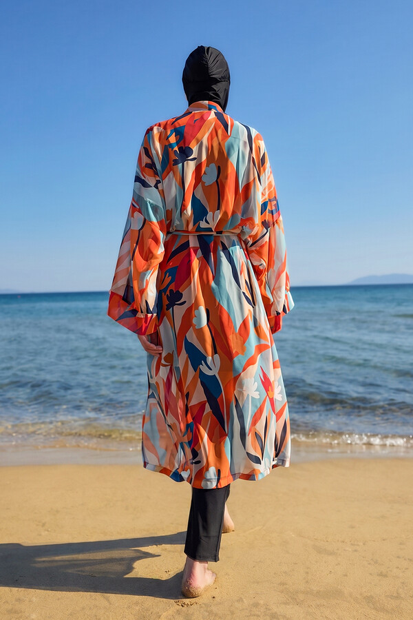 Remsa Tesettür Mayo Üzerine Tek Kaftan Kimono Pareo Turuncu RP027 Lotus - Thumbnail