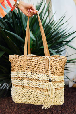 Remsa - Remsa Two-Tone Straw Beach Bag 015 Camel Beige