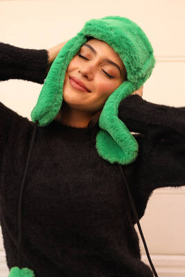 Remsa - Remsa Women's Fur Plush Hat with Headphones RKŞ-04 Green (1)