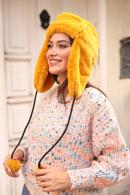 Remsa - Remsa Women's Fur Plush Hat with Headphones RKŞ-04 Mustard (1)