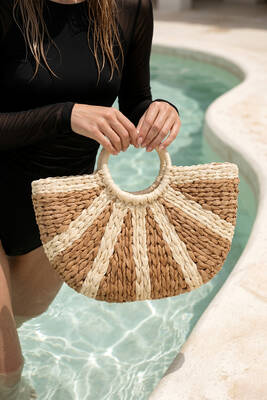 Remsa Mayo - Renk Bloklu Camel 41x22 Sepet Hasır Çanta 1055 Camel