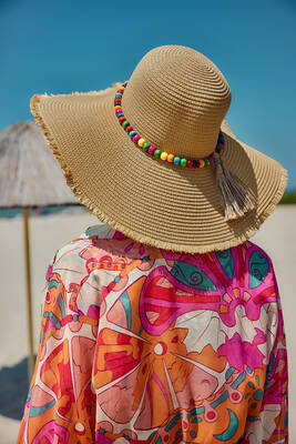 Remsa - Renkli Boncuk Detaylı Hasır Plaj Şapkası RŞ-2087 Camel (1)