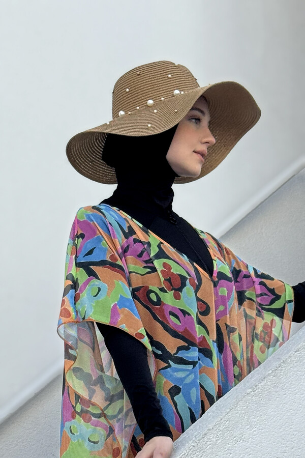 Ribbon Embellished Straw Hat Camel RŞ-62 - Thumbnail