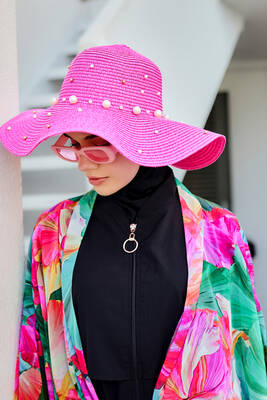 Remsa - Ribbon Embellished Straw Hat Fuchsia RŞ-62