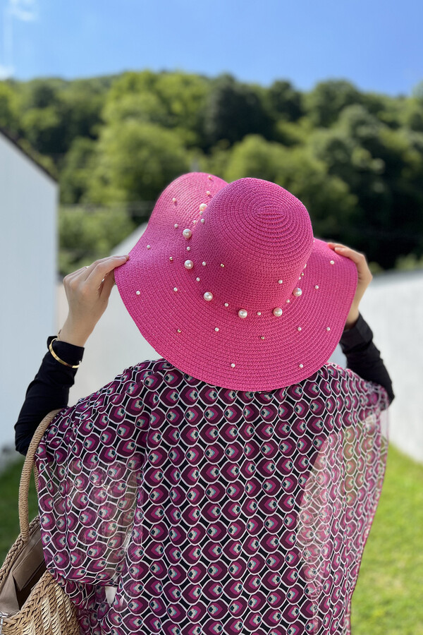 Ribbon Embellished Straw Hat Fuchsia RŞ-62 - Thumbnail