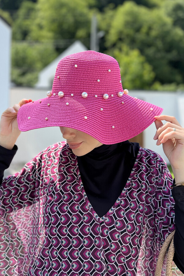 Ribbon Embellished Straw Hat Fuchsia RŞ-62 - Thumbnail