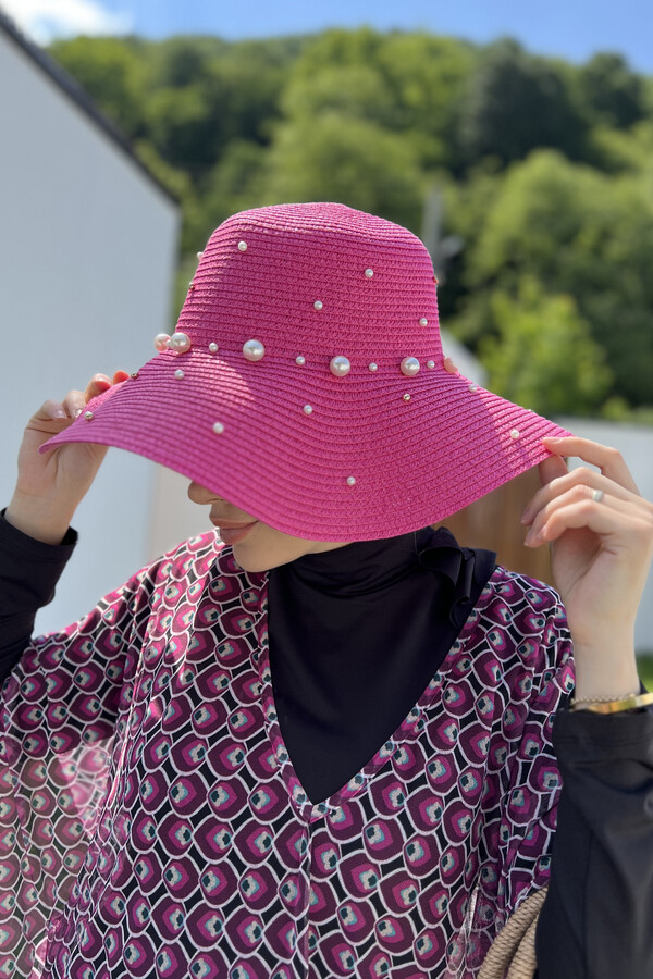 Ribbon Embellished Straw Hat Fuchsia RŞ-62 - Thumbnail