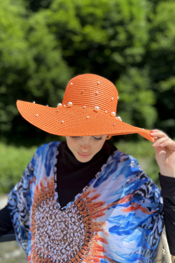 Ribbon Embellished Straw Hat Orange RŞ-62 - Thumbnail