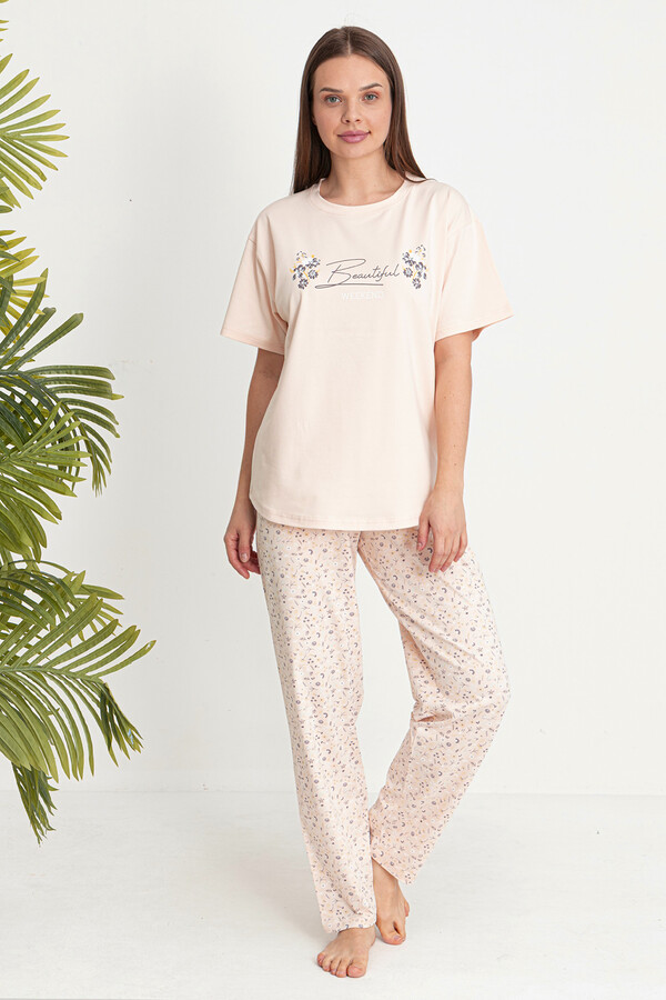 Salmon Premium Fabric Short Sleeve Pajama Set 26191 - Thumbnail