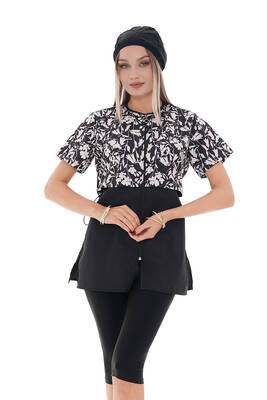 Remsa - Semi Covered Hijab Swimsuit 2508 Suna Black B/W Remsa - Semi Covered Hijab Swimsuit 2508 Suna Black B/W