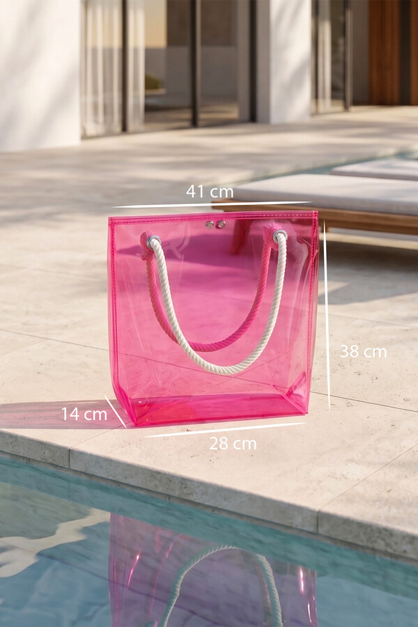 Sheer Pink Knitted Strap Beach Bag - Thumbnail