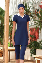 Remsa Mayo - Short Sleeve Collar Tights Half Covered Swimsuit Agatha 3905 Dark Navy Blue Remsa Swimwear