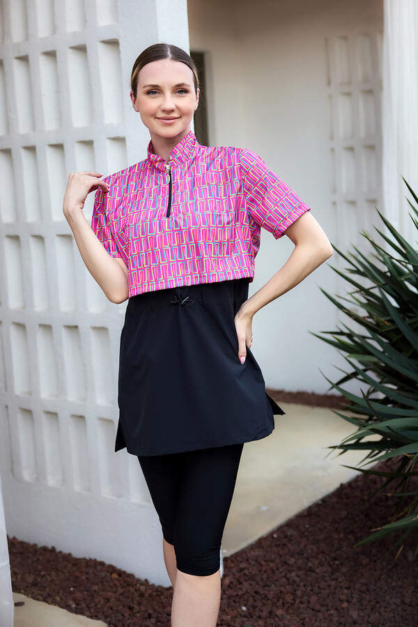 Short Sleeve Half-Covered Modest Swimwear Set - Thumbnail