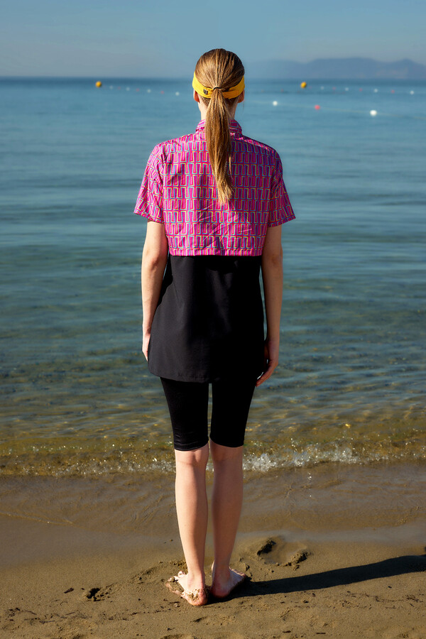 Short Sleeve Half-Covered Modest Swimwear Set - Thumbnail