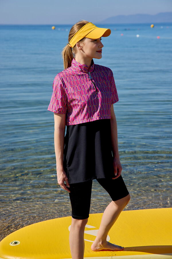 Short Sleeve Half-Covered Modest Swimwear Set - Thumbnail