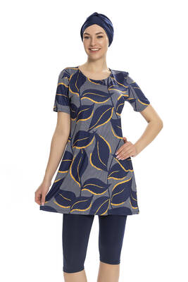 Armes - Short-Sleeve Legging-Style Semi-Covered Swimsuit 202-504 Navy Blue Armes - Short-Sleeve Legging-Style Semi-Covered Swimsuit 202-504 Navy Blue