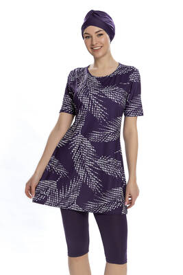 Armes - Short-Sleeve Legging-Style Semi-Covered Swimsuit 206-23 Purple