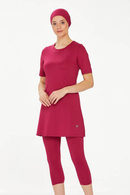 Maresiva - Short Sleeve Leggings Half Covered Swimsuit Walt 0572 Plum