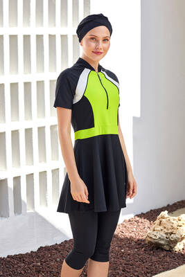 Adasea - Short Sleeve Lycra Half-Covered Swimsuit Set in Black and Neon Green 1609