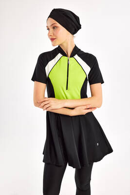 Adasea - Short Sleeve Lycra Half-Covered Swimsuit Set in Black and Neon Green 1609 (1)