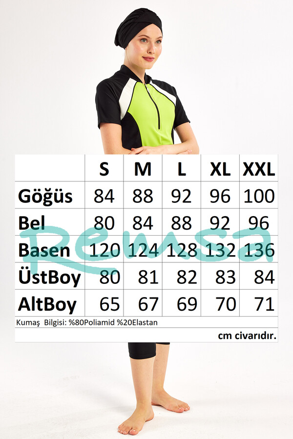 Short Sleeve Lycra Half-Covered Swimsuit Set in Black and Neon Green 1609 - Thumbnail