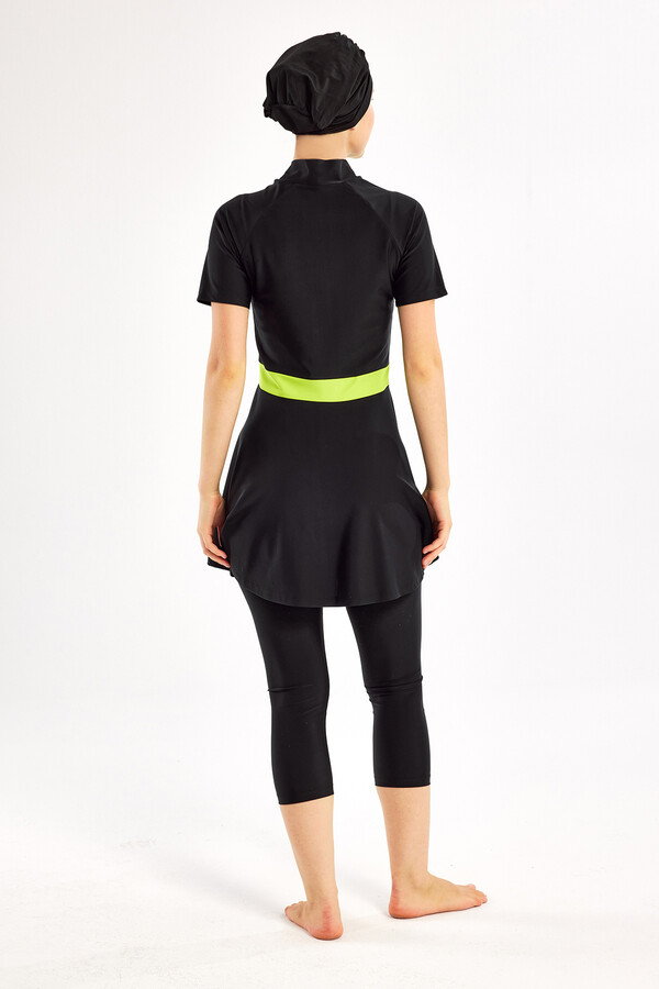 Short Sleeve Lycra Half-Covered Swimsuit Set in Black and Neon Green 1609 - Thumbnail