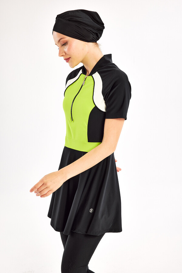 Short Sleeve Lycra Half-Covered Swimsuit Set in Black and Neon Green 1609 - Thumbnail