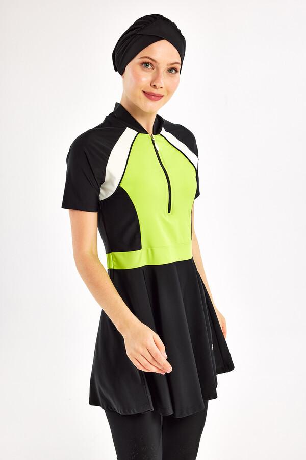 Short Sleeve Lycra Half-Covered Swimsuit Set in Black and Neon Green 1609 - Thumbnail