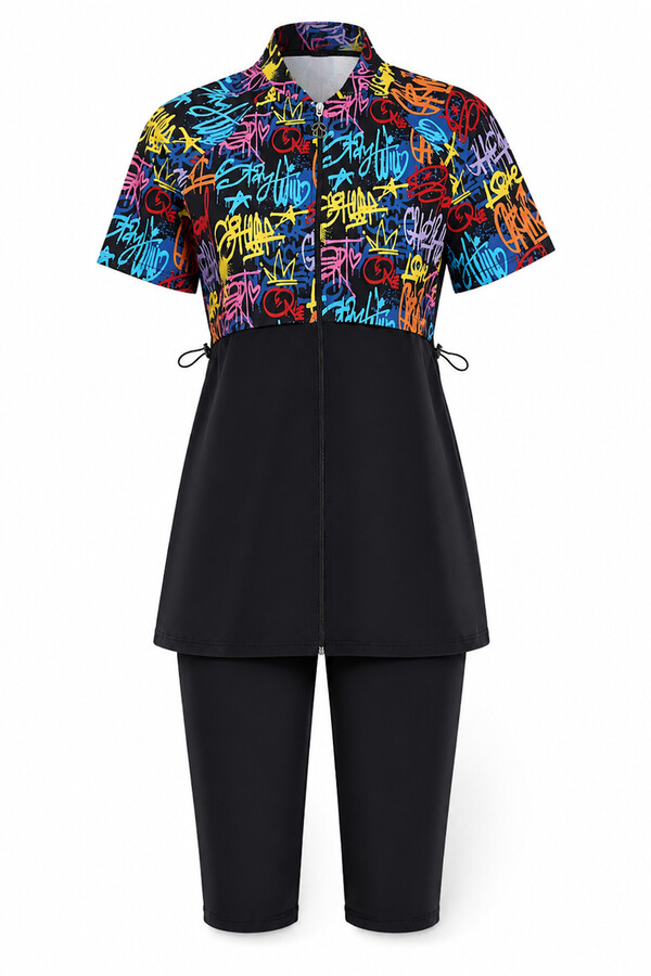 Short-Sleeve Modest Swimsuit with Floral Print - Thumbnail
