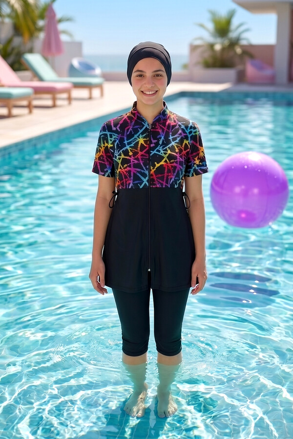 Short-Sleeve Modest Swimsuit with Swim Cap - Thumbnail