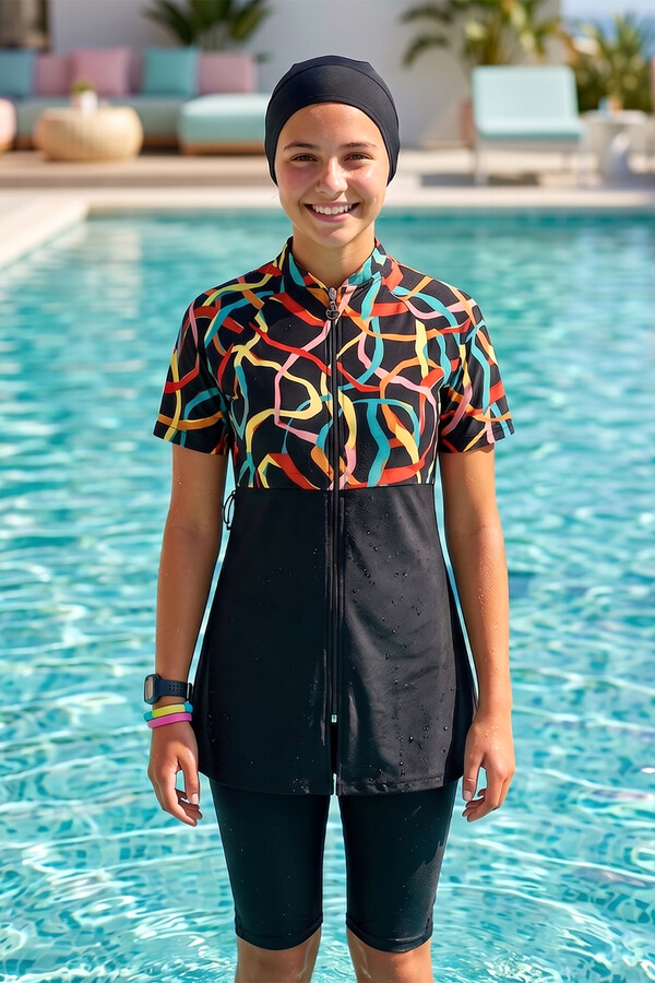 Short-Sleeve Modest Swimwear Set with Swim Cap - Thumbnail