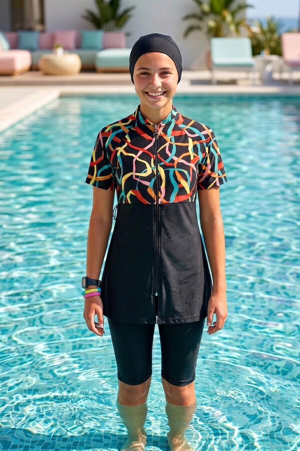 Short-Sleeve Modest Swimwear Set with Swim Cap - Thumbnail