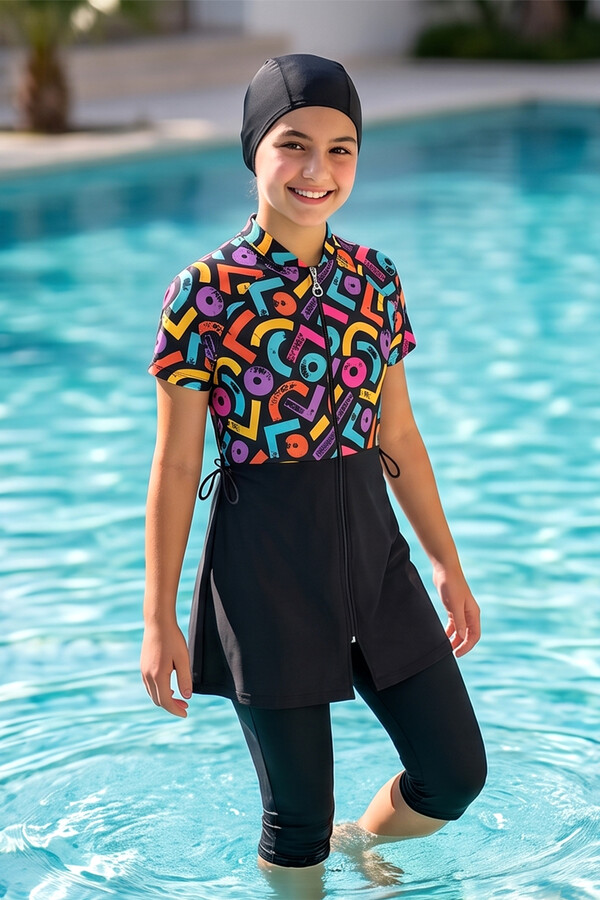 Short-Sleeve Patterned Modest Swimwear Set - Thumbnail