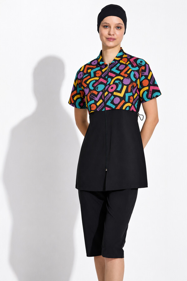 Short-Sleeve Patterned Modest Swimwear Set - Thumbnail