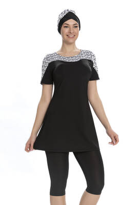 Armes - Short Sleeve Semi-Covered Modest Swimsuit 203-01 Black Armes - Short Sleeve Semi-Covered Modest Swimsuit 203-01 Black