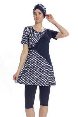 Armes - Short Sleeve Semi-Covered Modest Swimsuit 204-02 Navy