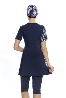 Armes - Short Sleeve Semi-Covered Modest Swimsuit 204-02 Navy (1)