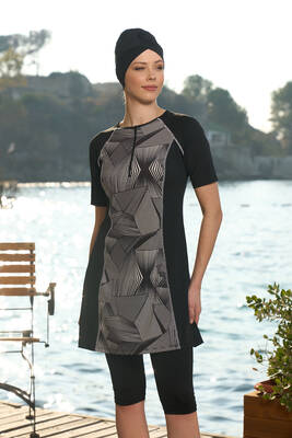 Estiva - Short Sleeve Semi Covered Swimsuit 24823 Black Estiva - Short Sleeve Semi Covered Swimsuit 24823 Black