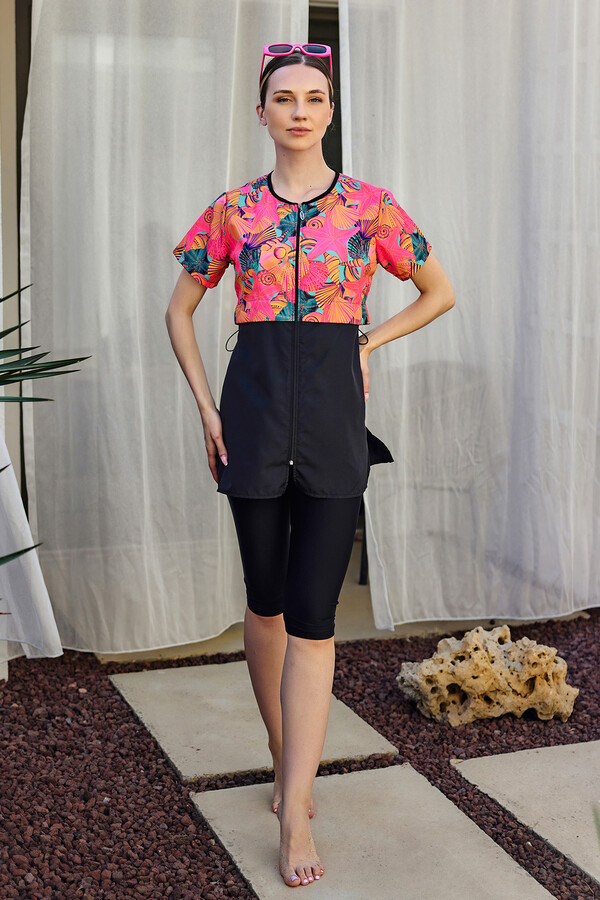 Short Sleeve Semi-Covered Swimwear Set - Thumbnail
