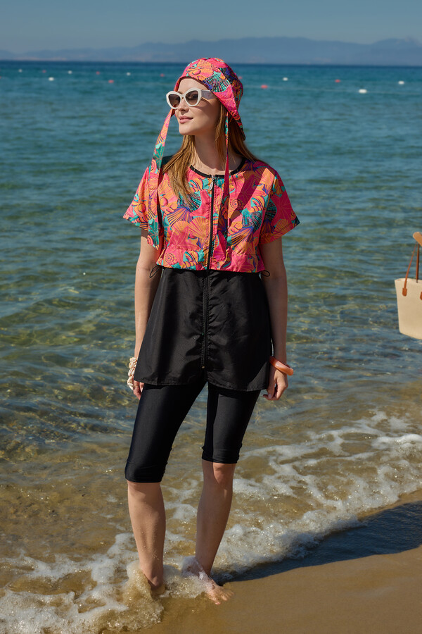 Short Sleeve Semi-Covered Swimwear Set - Thumbnail