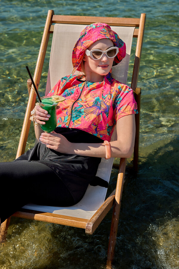 Short Sleeve Semi-Covered Swimwear Set - Thumbnail