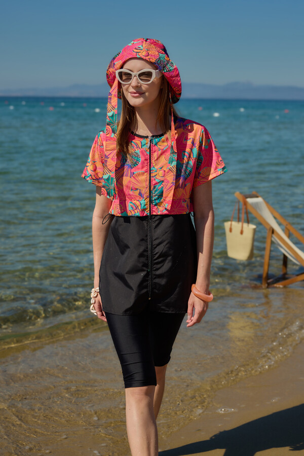 Short Sleeve Semi-Covered Swimwear Set - Thumbnail