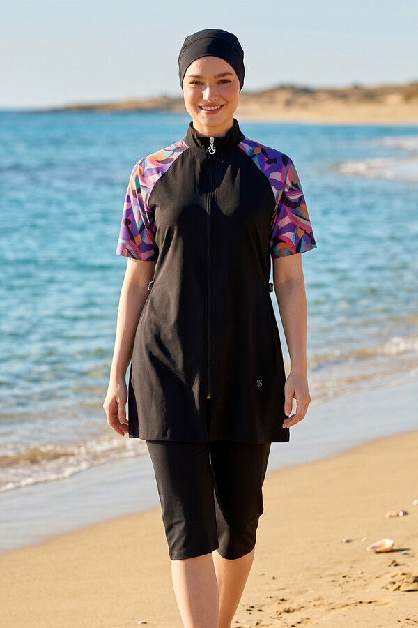 Short Sleeve Sport Lycra Half-Covered Swimsuit 6286 Black04 - Thumbnail